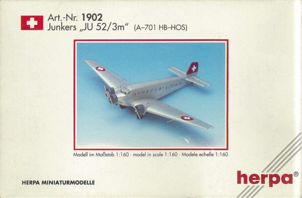 Junkers JU 52/3m Swissair A-701 HB-HOS Herpa 1902 1:160