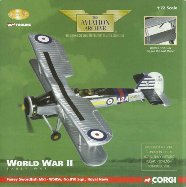 Fairey Swordfish MKI W5856 No.810 Sqn. Royal Navy HMS Ark Royal 1939 Corgi AA36302 1:72