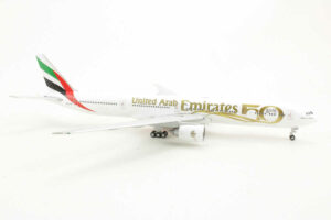 Alternative view of Boeing 777-300ER Emirates "50th Anniversary" A6-EGE Gemini Jets GJUAE2050 1:400