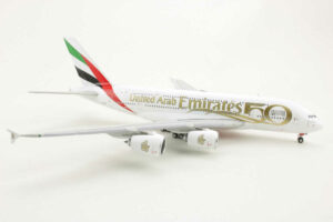 Alternative view of Airbus A380-800 Emirates "50th Anniversary" A6-EVG Gemini Jets GJUAE2051 1:400