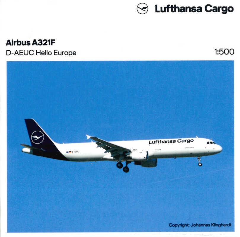 Airbus A321F Lufthansa Cargo "Hello Europe" D-AEUC Herpa 536660 1:500