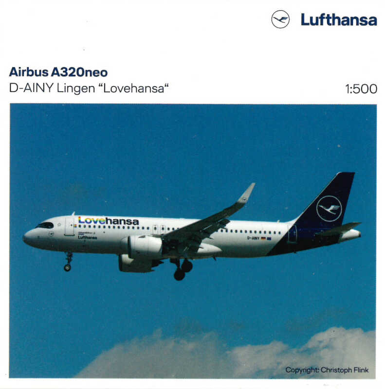 Airbus A320neo Lufthansa "Lovehansa" Lingen D-AINY Herpa 537155 1:500