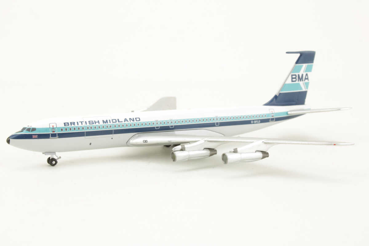 Set 3pcs Boeing 707-320 G-BFLD / Douglas DC-3 G-ANTD / Fokker F-27 G-BMAW British Midland Aeroclassics ACBMASET1 1:400 – Bild 3