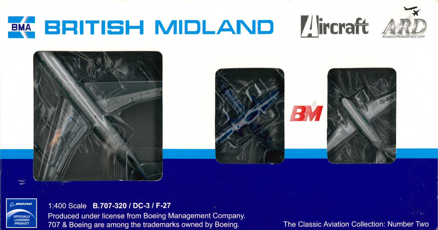 Set 3pcs Boeing 707-320 G-BFLD / Douglas DC-3 G-ANTD / Fokker F-27 G-BMAW British Midland Aeroclassics ACBMASET1 1:400